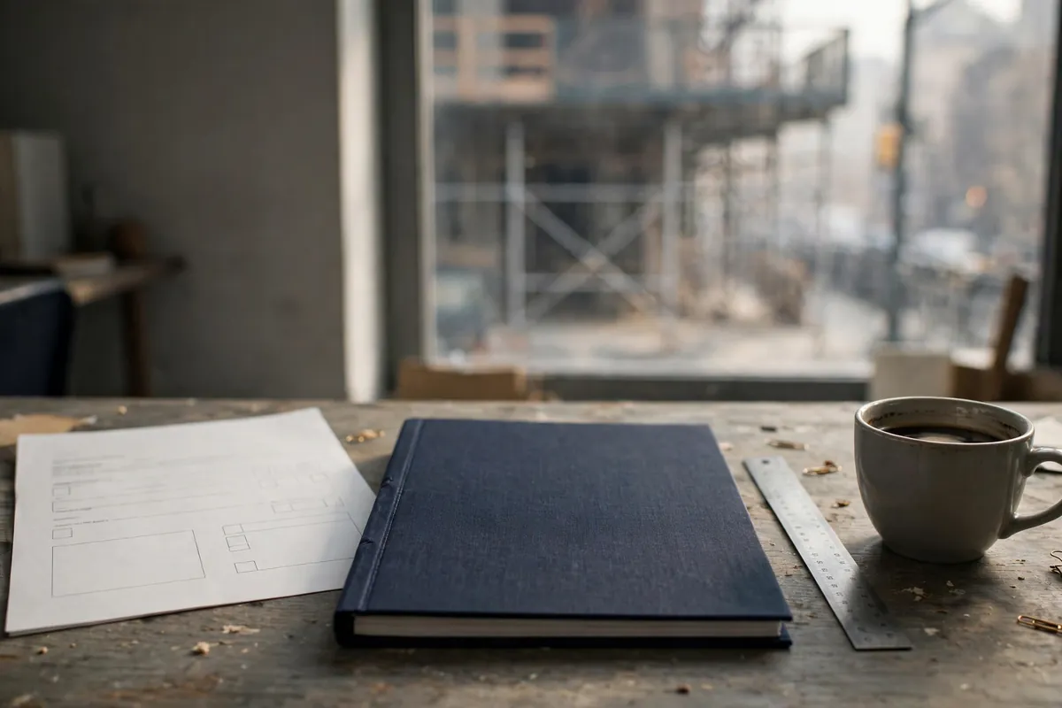 A bound file and printed records on a desk, with a scaffolded building outside the window